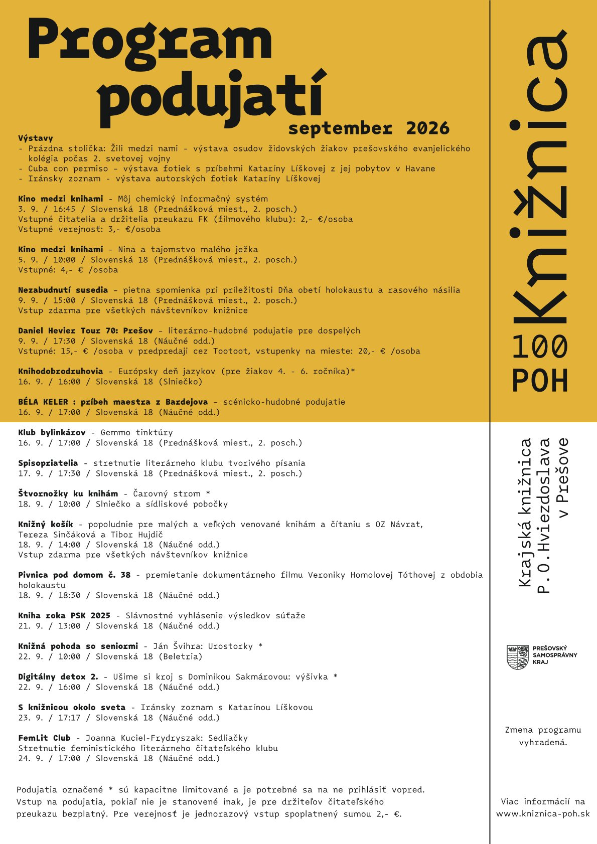 Plagát: Krajská knižnica v Prešove - program september 2026