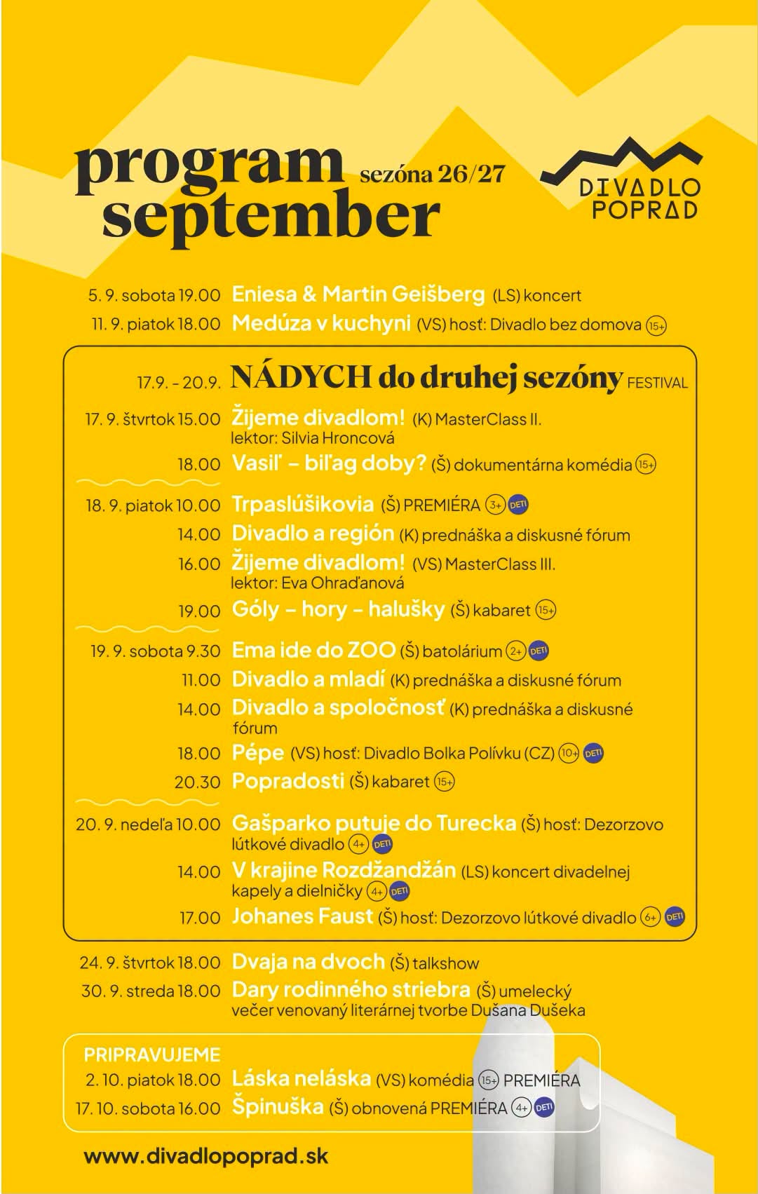 Plagát: Divadlo Poprad program september 2026