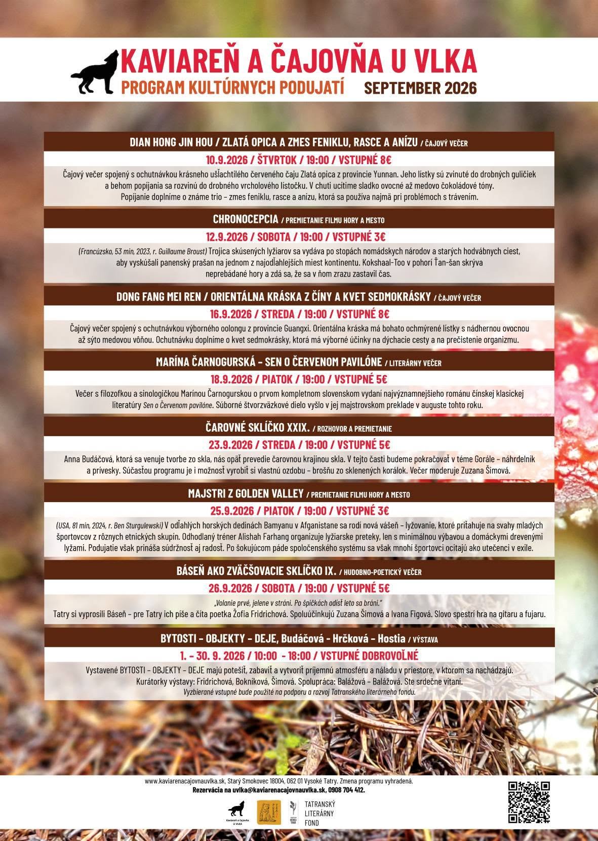 Plagát: Kaviareň a čajovňa u Vlka program september